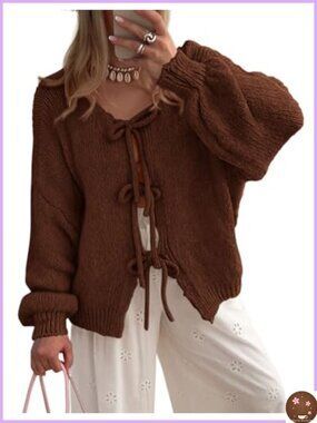 Women's Tie Front Cardigan Sweater Puff Sleeve Open Front Knit